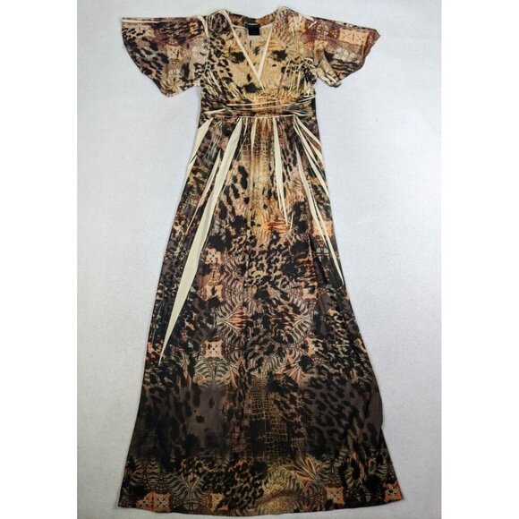 SAM & MAX - WOMEN'S BROWN PRINT SHORT SLEEVE STRETCH KNIT MAXI DRESS - SIZE S - Picture 2 of 8